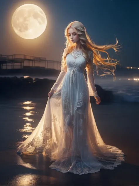 space maiden in a lace dress long hair water drops dawn stars moon sun

