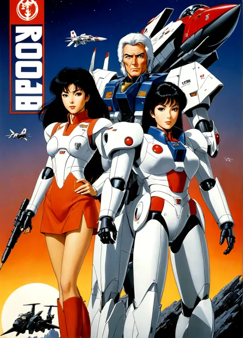 Robotech, Rick Hunter and Lynn Minmei with a Veritech fighter in robot mode standing in the background, movie poster