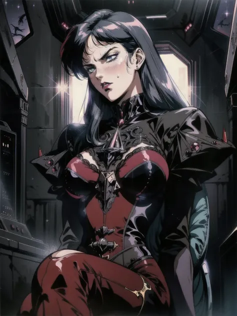 ((((retro anime)) of a gothic vampire piloting a gothic ruby mech)), (from below), close-up, (fisheye), ((gothic (control panels) everywhere)), ((mature)), ((vampiric)), (iridescent bodysuit), lace accessories, dark big lips, ((baroque pilot seat)), ((lean...