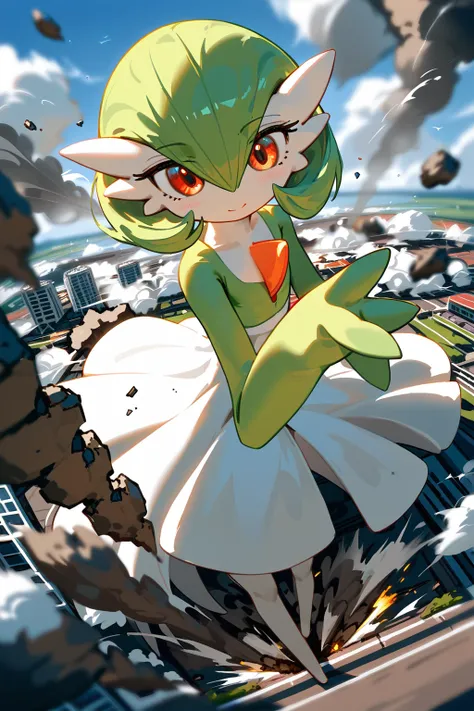 {{green and white}}, gardevoir, pokemon, macro, high angle, {{standing on the ground}}, standing , continent, atmosphere, giga size, depth of field, from above, destruction smoke around feet