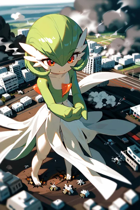 {{green and white}}, gardevoir, pokemon, macro, high angle, {{standing on the ground}}, standing , continent, atmosphere, giga size, depth of field, from above, destruction smoke around feet