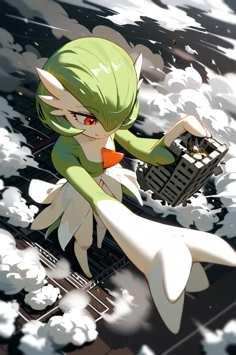 {{green and white}}, gardevoir, pokemon, macro, high angle, {{standing on the ground}}, standing , continent, atmosphere, giga size, depth of field, from above, destruction smoke around feet