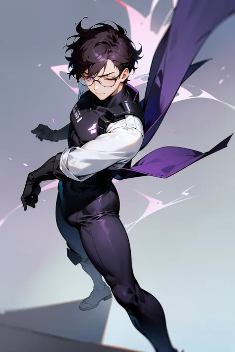 1male, Young Adult, Dark Violet Hair, Eyes Closed, Short Hair, Dojo Background, Slight Smile, Glasses, Standing In City, Detailed background, Black and White Combat Suit