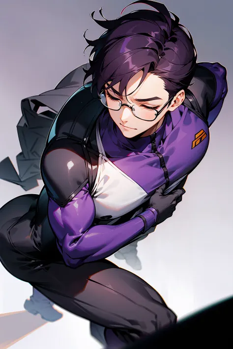 1male, Young Adult, Dark Violet Hair, Eyes Closed, Short Hair, Dojo Background, Slight Smile, Glasses, Standing In City, Detailed background, Black and White Combat Suit