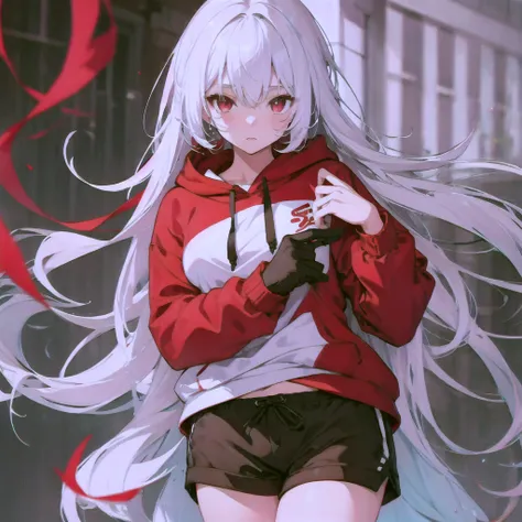 White Hair、Red eyes、White hoodie、Black shorts、girl、Background white、Small breasts