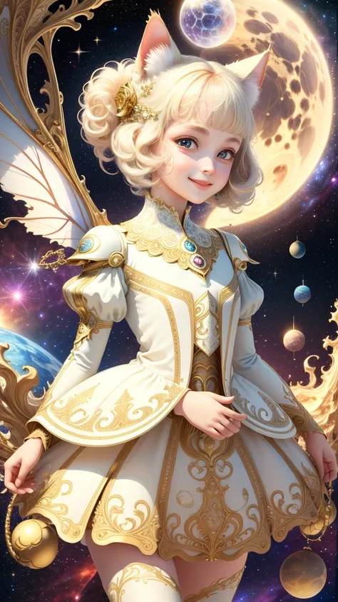 1 girl, front, face up, space background, ivory gold, psychedelic magic, cat, fairy, clean, bright, smiling, god