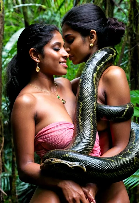  Topless  pink thong wearing aroused horny beautiful happy young Indian teen girl vs  Giant colossal black anaconda monster wrapped around her body squeezing her in coiled embrace cuddling and kissing  sexual erotic bestiality  sex  realistic in the rainfo...