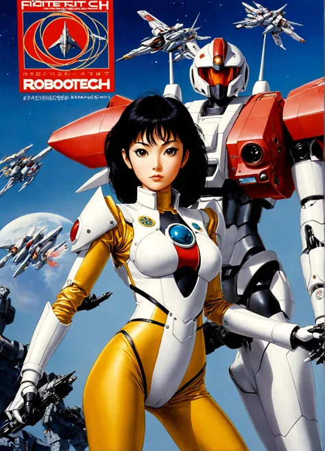 Robotech, Rick Hunter (pilot suit) and Lynn Minmei (j pop idol outfit) with a Veritech fighter in robot mode standing in the background, movie poster
