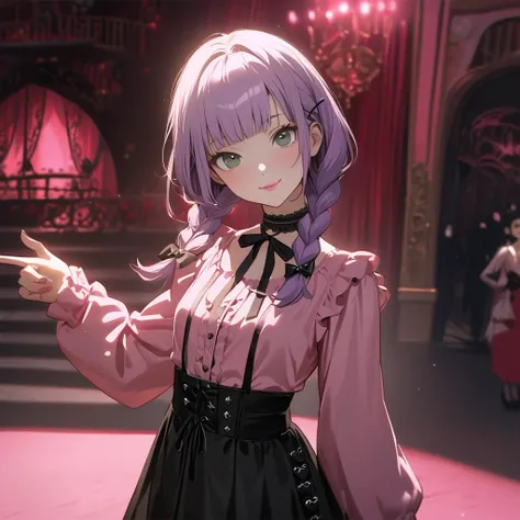 (Cute a girl:1.5), (a girl with closs hair pin,pale purple hair,wavy two braids,bluntbangs hair,green and black eyes,
pink shirt,cosplay, jirai kei, bangs, black skirt, black bow, looking at viewer, bow, long sleeves, choker, ribbon,pink lips, :1.4),(maste...