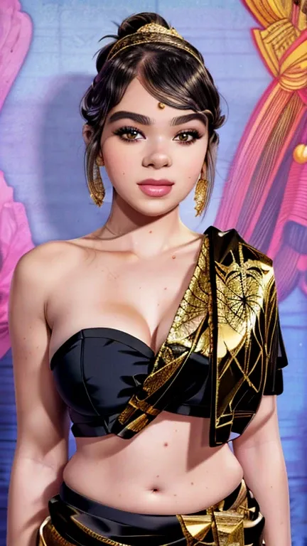 Hailee Steinfeld as a gorgeous Indian Empress wearing ((Black and Gold Kasavu Saree)); deep cleavage; ((ultra glossy lips)); ((Traditional Indian Makeup)); ultrarealistic skin, ultrarealistic face; ultrarealistic body; ((ultrarealistic gold ornaments)); ((...