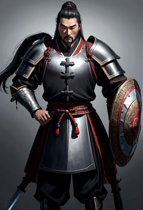 Araped image of a man in armor holding a sword and shield, chinese Warrior, chinese Three Kingdomss, from Three Kingdomss, picture of an adult male Warrior, Zhaoyun, Genghis Khan, powerful Warrior, Mongol, historical hero, Three Kingdoms, legendary Warrior...