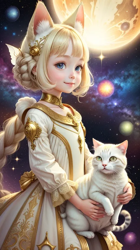 1 girl, front, face up, space background, ivory gold, psychedelic magic, cat, fairy, clean, bright, smiling, god