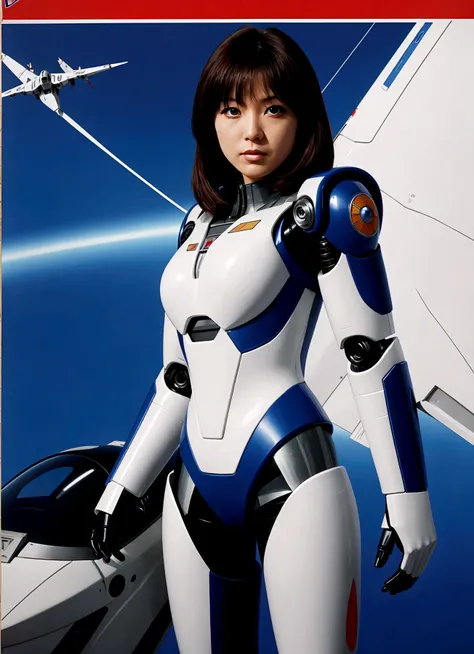 Robotech, Rick Hunter (pilot suit) and Lynn Minmei (j pop idol outfit) with a Veritech fighter in robot mode standing in the background, movie poster
