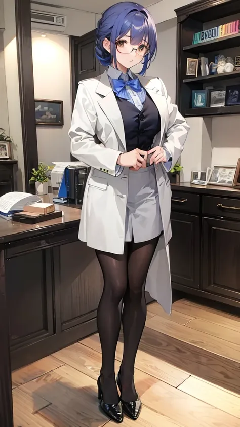 Misako, grey mini rock, white shirt, grey jacket, black stockings, high heels, adult, 35 years old, beautiful women, blue hair, office, glasses, brown eyes, beautiful brown eyes, strict gaze, serious expression,slim body, clipboard in hands, masterpiece, a...