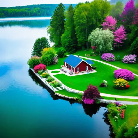 Birds eye perspective shot of A cottage house with lush green grass and colorful flowers, built on island lake with crystal water, covered in mist