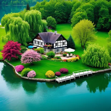 Birds eye perspective shot of A cottage house with lush green grass and colorful flowers, built on island lake with crystal water, covered in mist