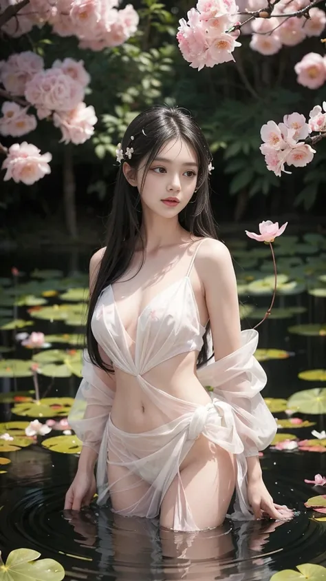 A girl with long black hair, cascading shoulders, standing in a pond, exposed in a white coarse mesh, transparent chiffon, barely visible bust, lively breasts, abstract watercolor flowers:1.2), pink petal background, pink and white flowers drifting (realis...