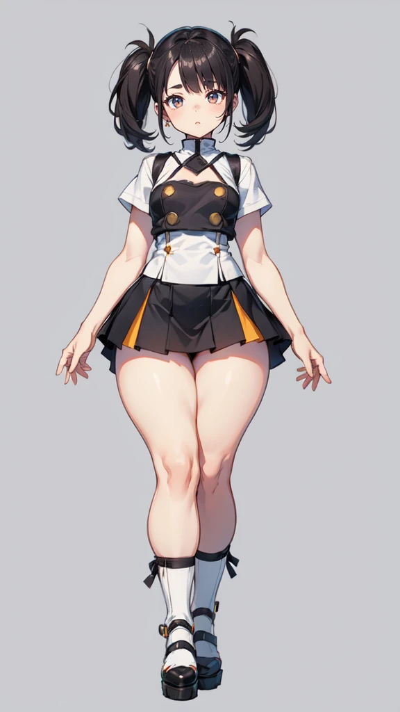 blank background, (((full body))), (masterpiece), ((best quality)), (very short girl), flat chest, short twintail, wide hips:1.8, (thick thighs:1.5), (very short skirt), toeless footwear