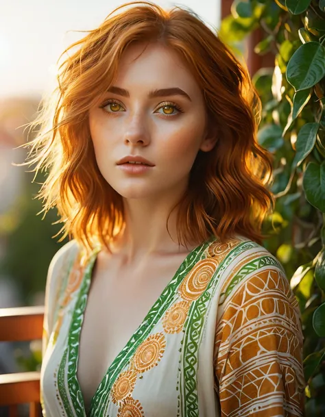 cinematic photo Cinematic image of an 18-year-old copper-haired woman with macroscopic patterns inspired by the sun. Bright hazel eyes. Highlight concentric circles, radiant sun rays and a balcony backdrop, sexy clothing, using a summery palette of warm ye...