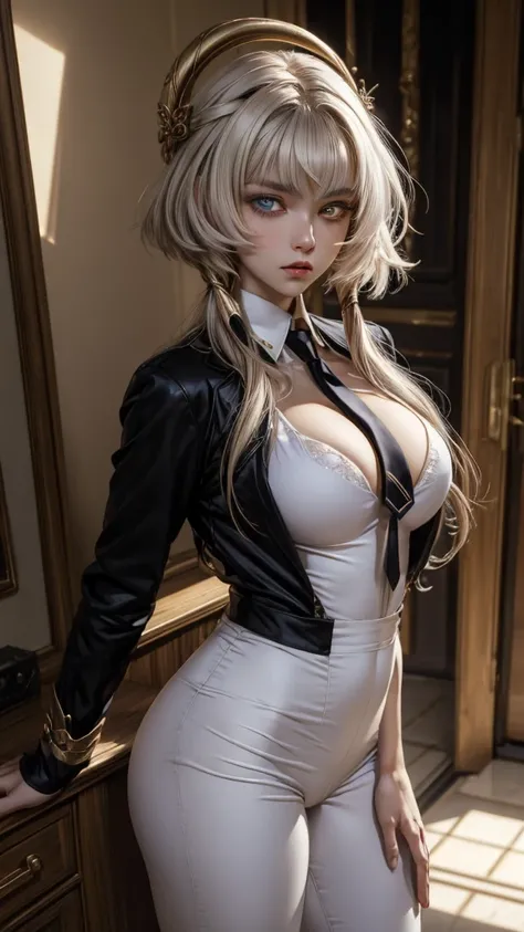 (masterpiece, best quality, detailed), 1girl androgynous , solo, looking at viewer, candace, (pale skin, white-skinned girl androgynous 1.3),  no breasts, She has a chest short hair with long locks, sidelocks, long hair, ((heterochromia)),
pant suit, suit,...