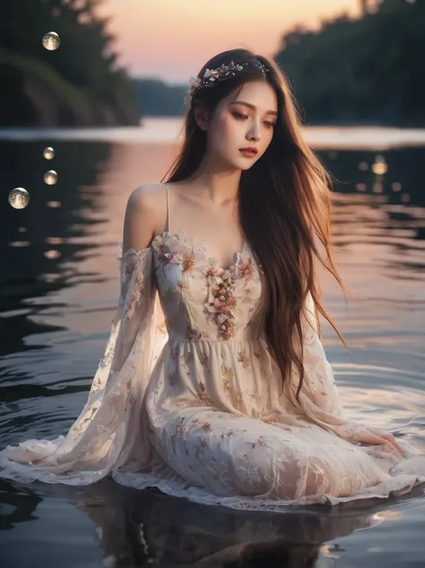 maiden in a lace floral dress long hair water drops dawn stars moon sun