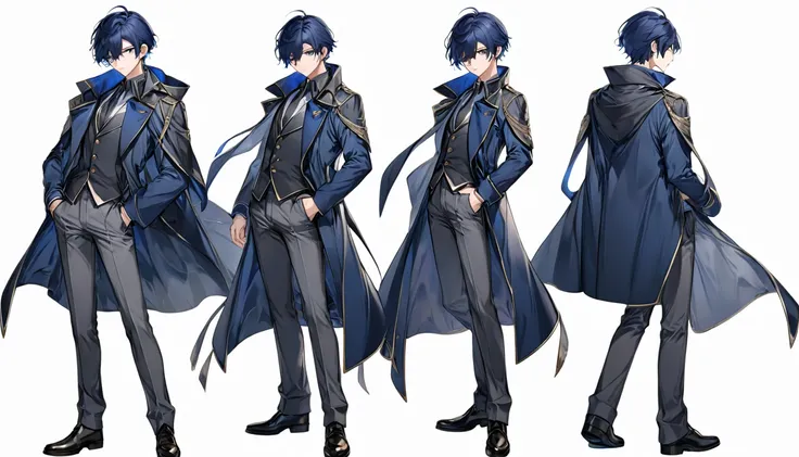 Male, anime, hero, dark blue coat, short blue hair,standing pose,  no background , high quality, dark grey pants