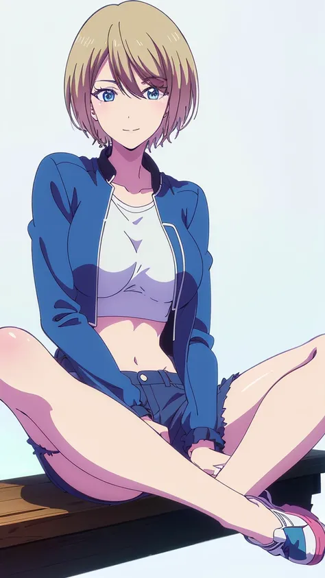 masterpiece, best quality, highres, akane hououji,full body,1girl, solo, short hair, blonde hair, blue eyes,smile ,crop top, black denim jacket,jean shorts, midriff, underboob,open jacket,closed toe shoes,matching shoes,same shoes,crossed legs, sitting, bi...