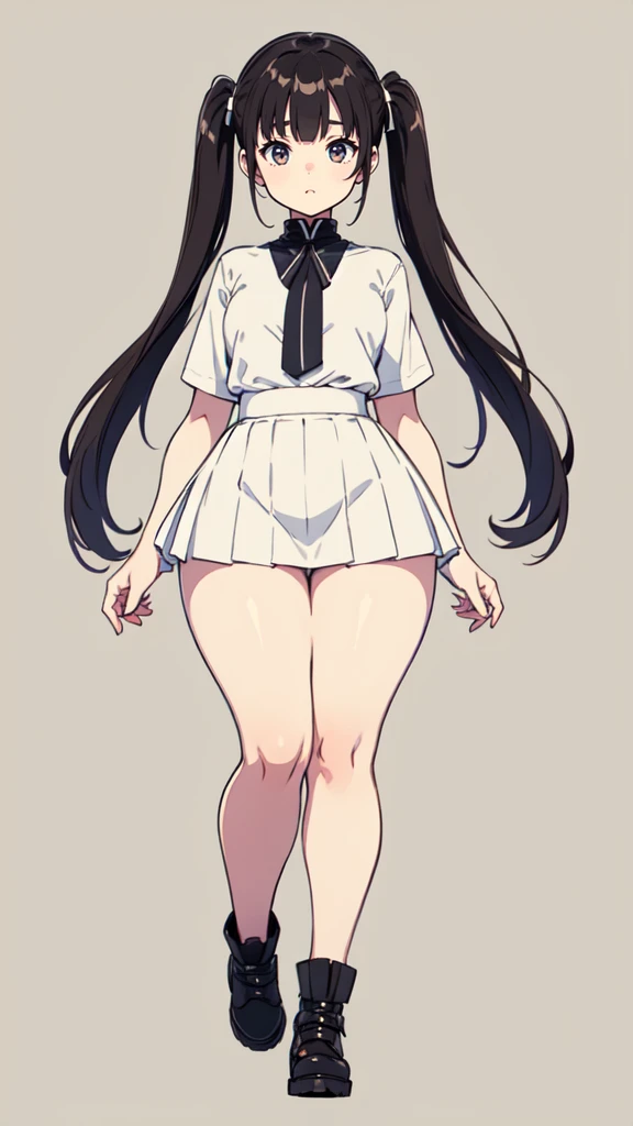 blank background, (((full body))), (masterpiece), ((best quality)), (very short girl), flat chest, short twintail, wide hips:1.8, (thick thighs:1.5), (very short skirt), toeless footwear