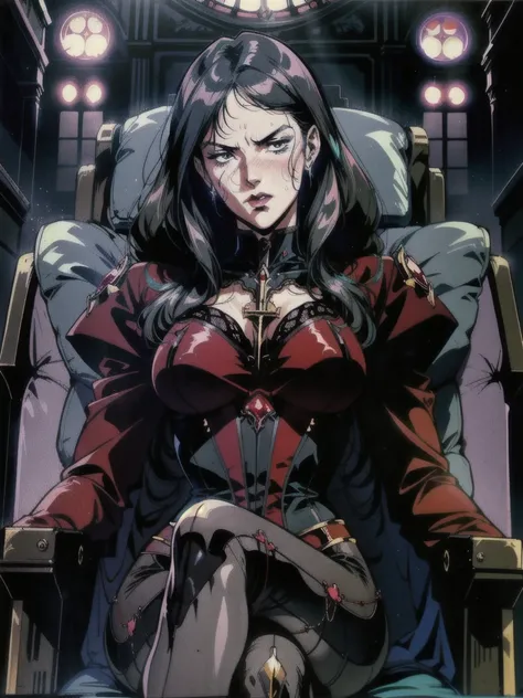 ((((retro anime)) of a gothic vampire piloting a gothic ruby mech)), (from below), close-up, (fisheye), ((gothic (control panels) everywhere)), ((mature)), ((vampiric)), (iridescent bodysuit), lace accessories, dark big lips, ((baroque pilot seat)), ((lean...