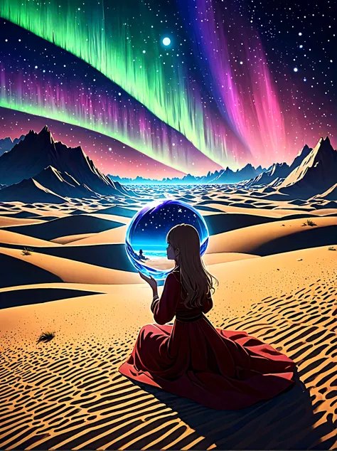 1pzsj1, Holding a crystal ball in one hand，Inside the crystal ball，Inside the sphere，night，The girl was fascinated by the vast desert，Gaze at the stars and the moonlit sand dunes，Aurora can be seen faintly in the distance