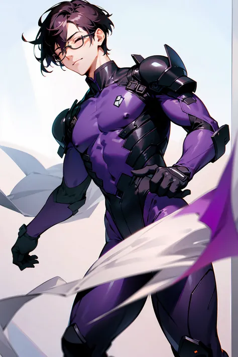 1male, Young Adult, Dark Violet Hair, Eyes Closed, Short Hair, Dojo Background, Slight Smile, Glasses, Standing In City, Detailed background, Black and White Combat Suit