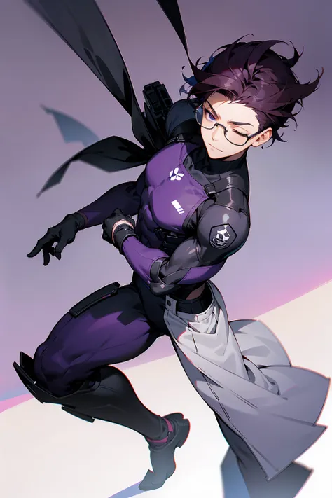 1male, Young Adult, Dark Violet Hair, Eyes Closed, Short Hair, Dojo Background, Slight Smile, Glasses, Standing In City, Detailed background, Black and White Combat Suit