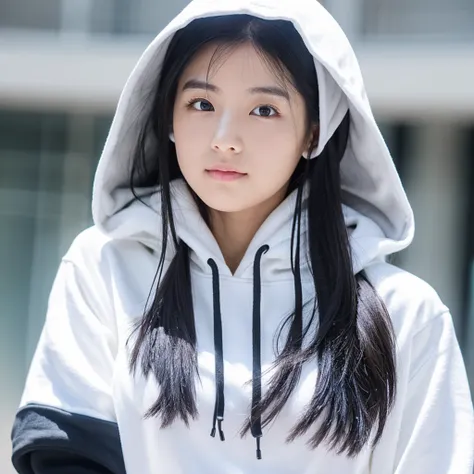 Girl with white skin, long straight and black hair, she wear white hoodie