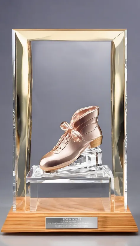 A crystal trophy made of a pair of ballet shoes（All crystal materials），Wooden square base，There is a metal nameplate on the base；White background，Front view。