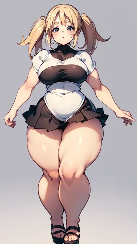 blank background, (((full body))), (masterpiece), ((best quality)), (very short girl), flat chest, short twintail, wide hips:1.8, (thick thighs:1.5), (very short skirt), toeless footwear