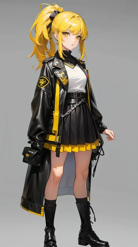 Girl in mini skirt, yellow hair full length twin ponytail, with clothes similar to military but not military but simple clothes.