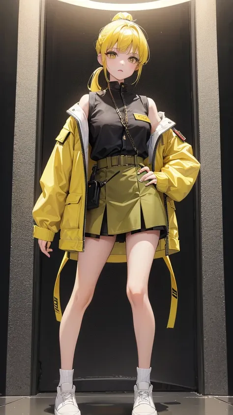 Girl in mini skirt, yellow hair full length twin ponytail, with clothes similar to military but not military but simple clothes.