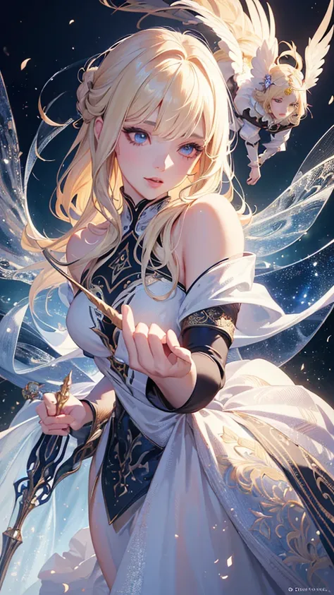 A mature woman between 30-40 years old, anime style witch wearing a witch suit combined with knight armor, flying on a broom designed like a unicorn and colored white, with blonde curvy hair, a small ghost flying beside her as a sidekick, (best quality,4k,...