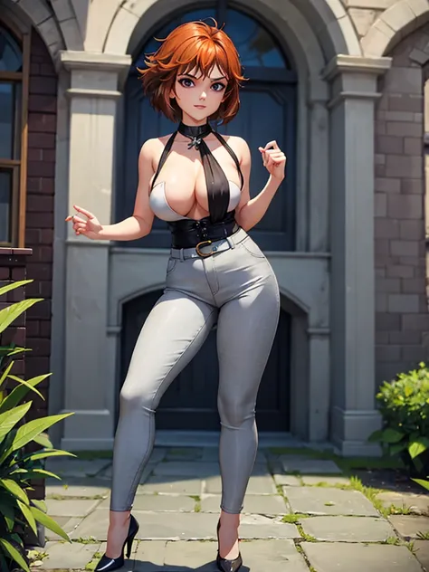 merula, full body, thighs, high heels, solo girl, medium tits, light grey bell pants