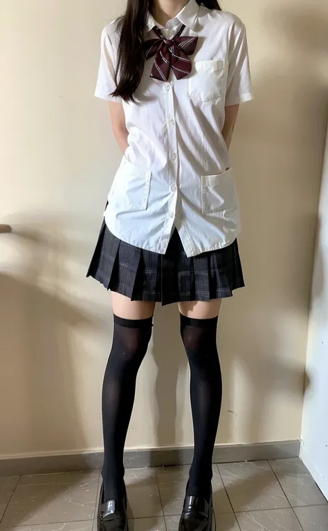 (raw photo,realistic, ),1girl,solo,skirt,white shirt,school bag,shoes,bracelet,jewelry,looking at viewer,narrow shoulder width,flat chest,pleated skirt,photorealistic,black,brown cardigan,bowtie,small black leather shoes,(long legs:1.2),slim legs,(zettai r...