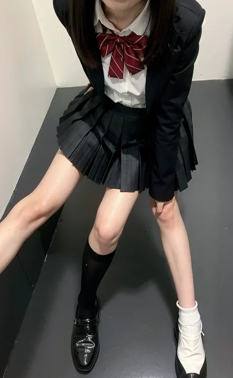 skirt,shoes,socks,1girl,(pleated skirt:1.2),solo,slim legs,(long legs:1.3),zettai ryouiki,black footwear,black legwear,selfie,(head out of frame:1.3),fupai,from above,small black leather shoes,bow,white shirt,bowtie,red bowtie,in a river,spring,on all four...