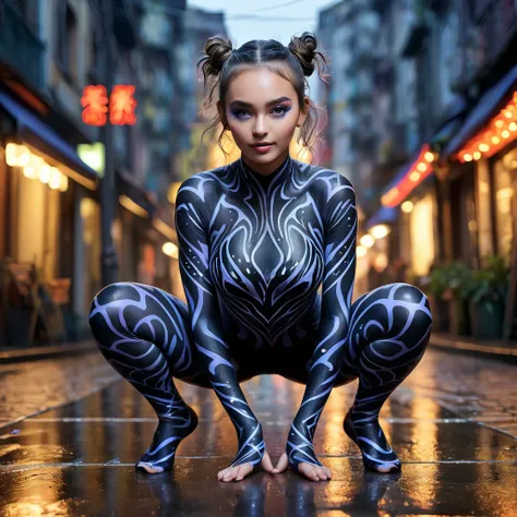 ((a young and very beautiful woman with night camo body painting is squatting with her legs spread wide:1.4))、(raise your arms a...