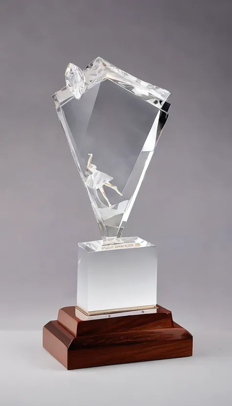 A crystal dance trophy made from a pair of ballet shoes（All crystal materials），Simple wooden square base，There is a metal nameplate on the base；White background，Front view。