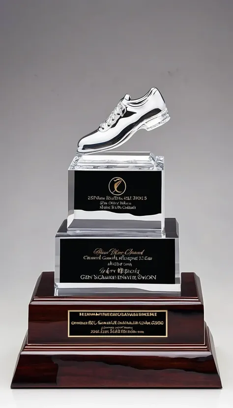 A crystal dance trophy made from a pair of ballet shoes（All crystal materials），Simple wooden square base，There is a metal nameplate on the base；White background，Front view。