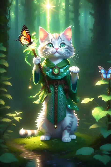 kitten,
fantasy worlds,
eloder cat mage wearing robes,Druid,
holding an vines staff,arms up,
green eyes,
Magic Circle,
flower,butterfly,
fluffy tail,
detailed surroundings,
Luminous Magic Array,
(hyper-detailed,high quality visuals,dim Lighting,ultra-reali...