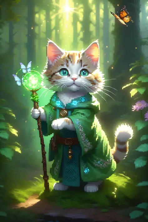 kitten,
fantasy worlds,
eloder cat mage wearing robes,Druid,
holding an vines staff,arms up,
green eyes,
Magic Circle,
flower,butterfly,
fluffy tail,
detailed surroundings,
Luminous Magic Array,
(hyper-detailed,high quality visuals,dim Lighting,ultra-reali...