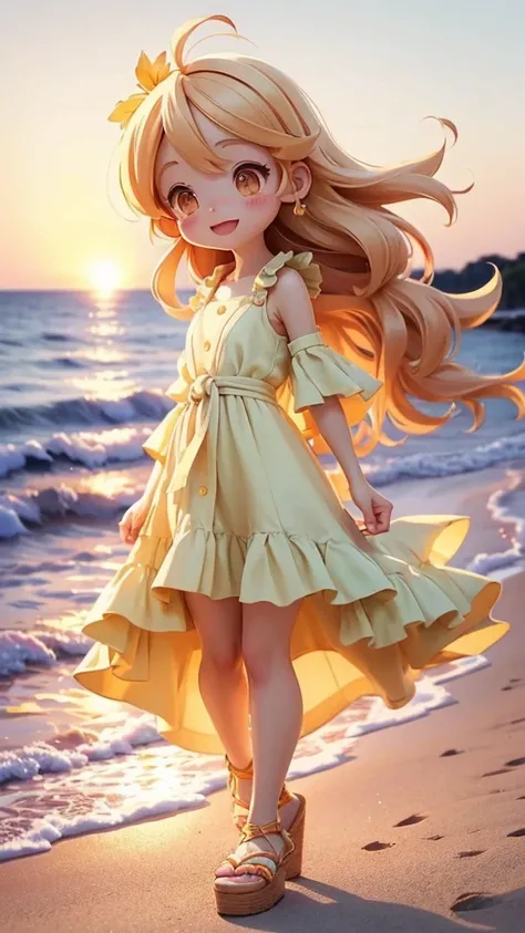 A portrait of a cheerful anime girl walking along the beach at sunset, with the warm glow of the setting sun casting a beautiful light. She wears a light summer dress and carries her sandals in one hand. The background features a serene shoreline with gent...