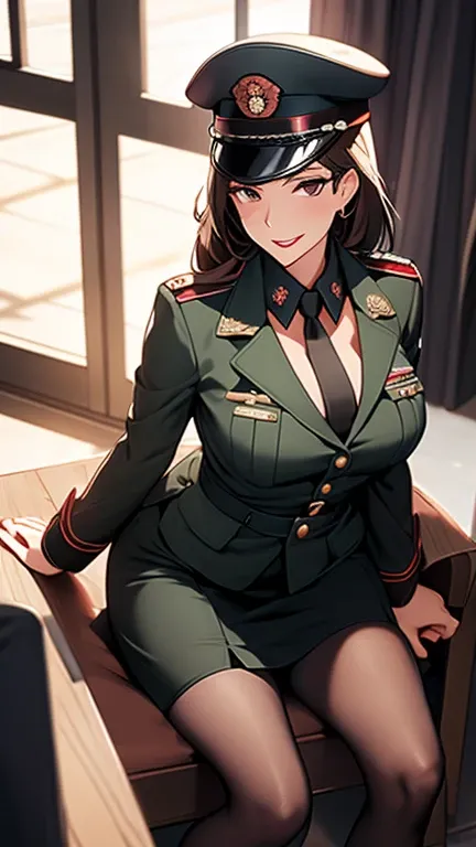 Mature Woman,(uniform,Tight Skirt, High heels,stockings,Uniform cap)((Female Officer、female soldier、female cadres、NCO)),、((A seductive smile)), (From above:1.1), blush, eyelash, Beautiful Eyes, belly button, Fishnet Focus),Mole on chest, Perfect body, Thic...