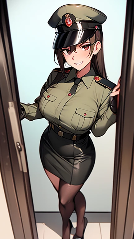 Mature Woman,(uniform,Tight Skirt, High heels,stockings,Uniform cap)((Female Officer、female soldier、female cadres、NCO)),、((A seductive smile)), (From above:1.1), blush, eyelash, Beautiful Eyes, belly button, Fishnet Focus),Mole on chest, Perfect body, Thic...