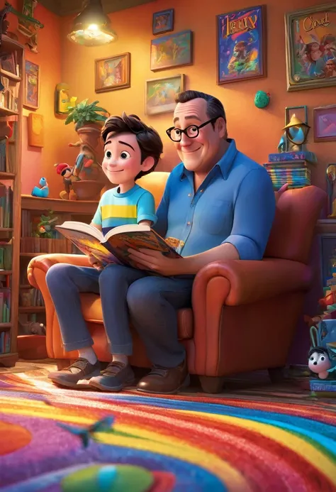 (wide amgle:1.5),(bright and vibrant colors), (highres), (realistic:1.37), Disney Pixar Movie poster, (art by Kevin James), skinny, no muscle, (55 years old man and his son),father and son, (beautiful detailed eyes:1.1), (beautiful detailed lips:1.1), smil...